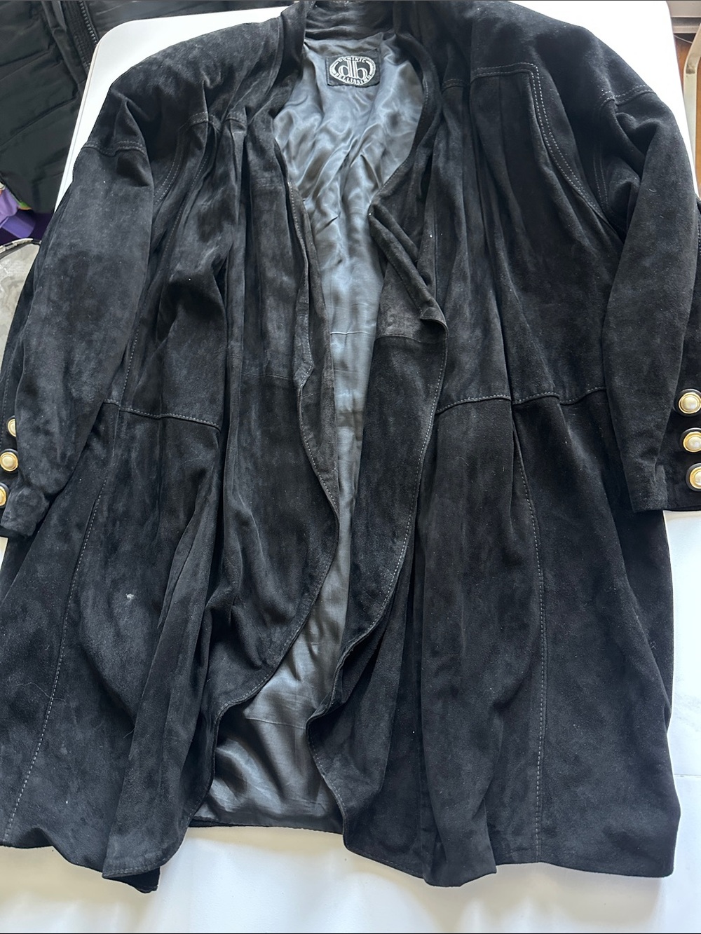 VINTAGE Women's Black Trench Coat with Gold-Tone Buttons Oversize